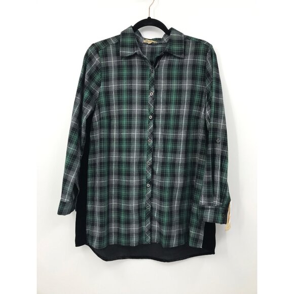 Democracy Plaid Velvet Embroidered Long Sleeve Button Front Shirt Green Small NE - Picture 1 of 7